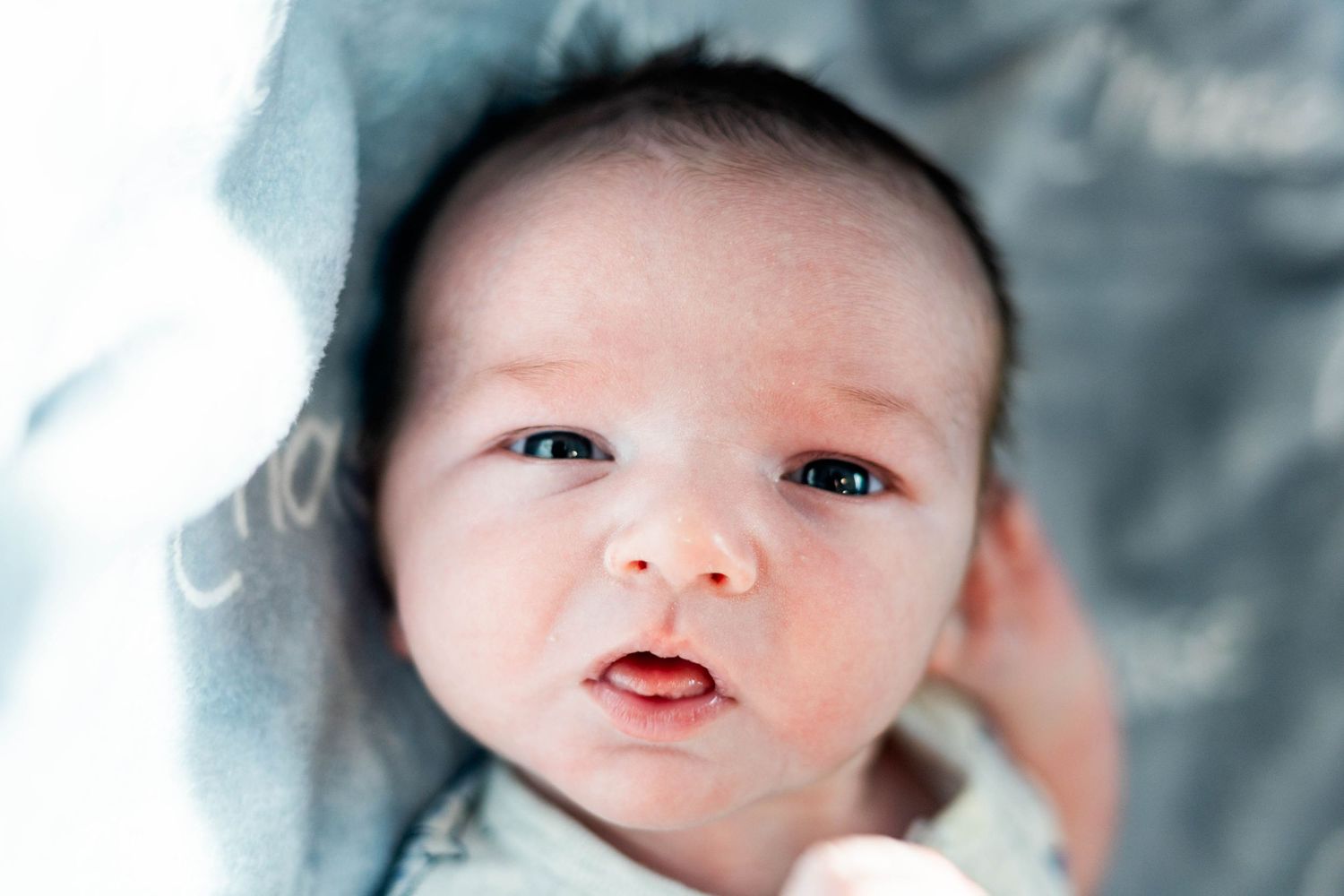 Close-up portrait of wide-eyed newborn baby Chase Michael wrapped in a soft blue blanket during an at home newborn session Philadelphia, PA.
