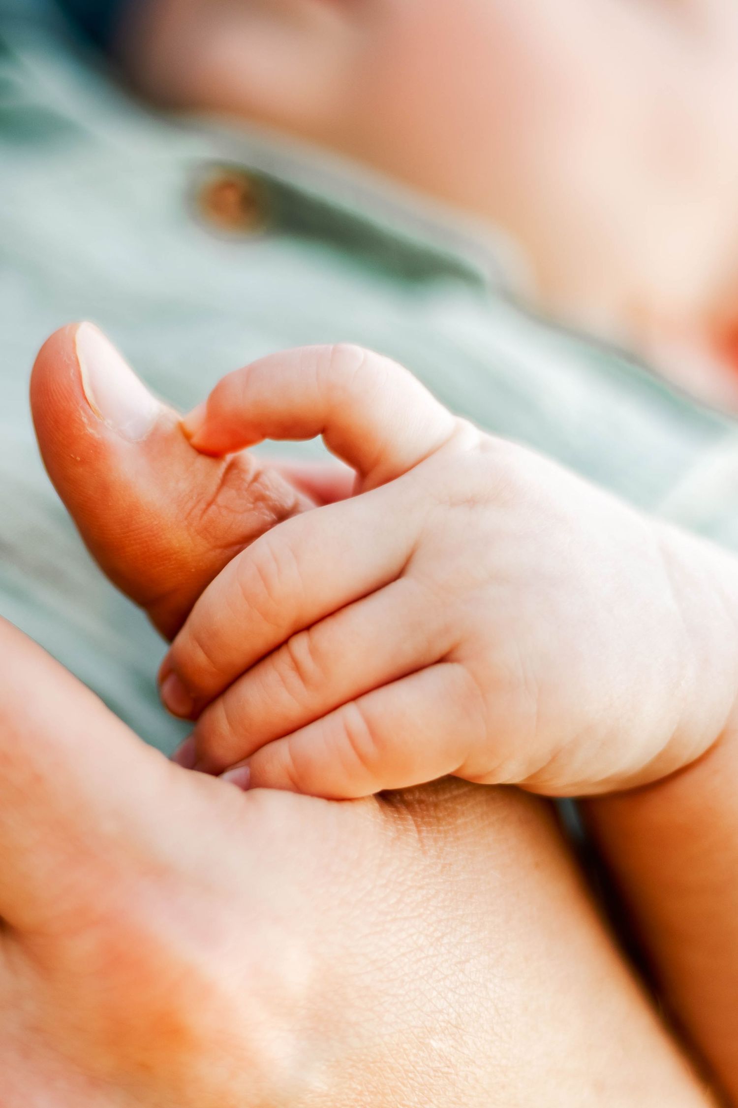 Close-up of newborn baby's tiny hand grasping adult's thumb on a soft blue background in Elverson, PA.