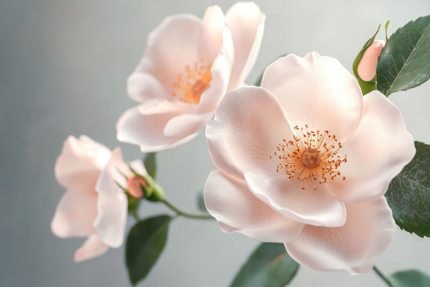 Delicate pale pink wild roses with yellow stamens bloom against a soft gray background.