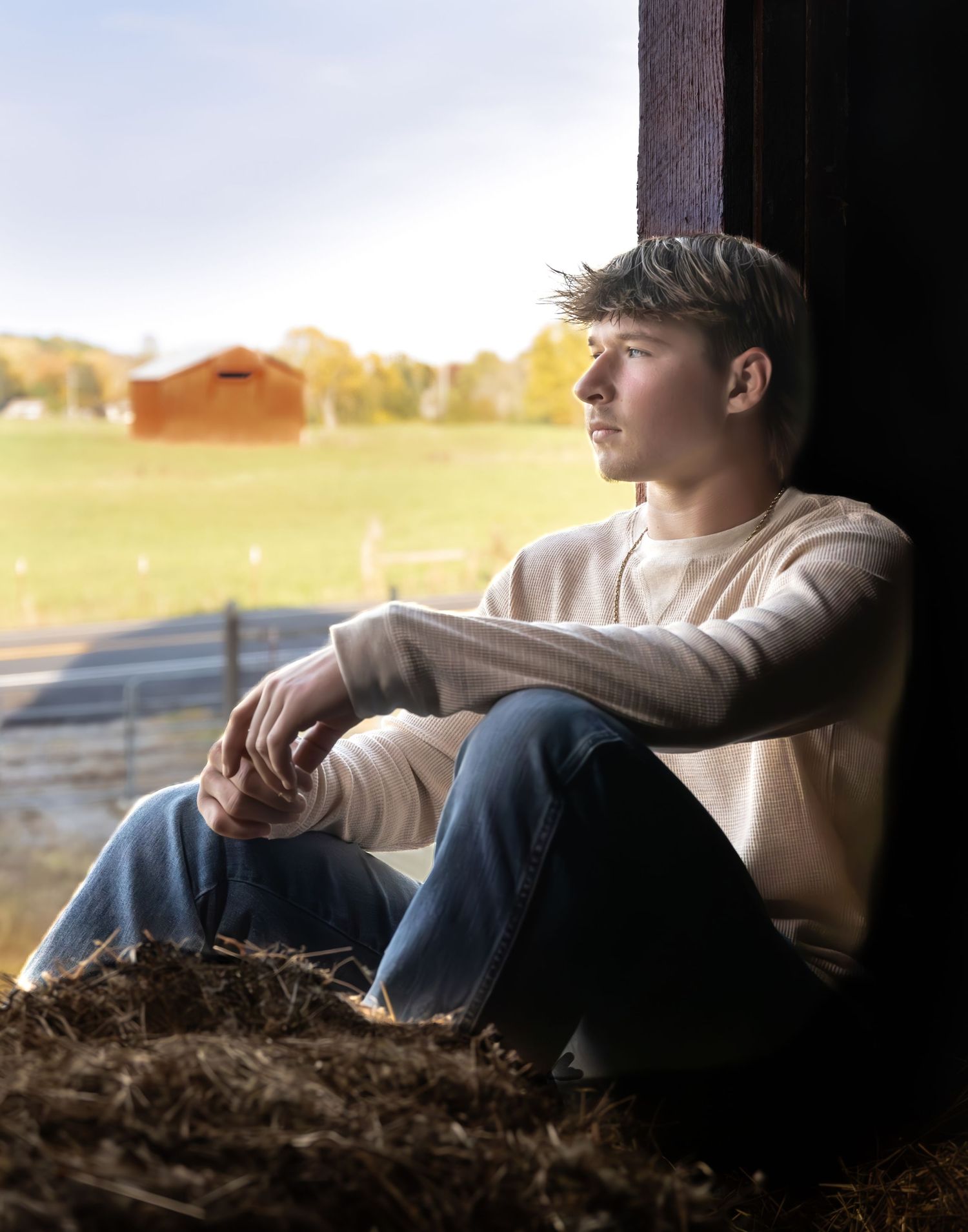 Photo taken in Tennessee of a young man sitting in a barn loft window with a barn in the distance. He looks out throughfully at the fields.