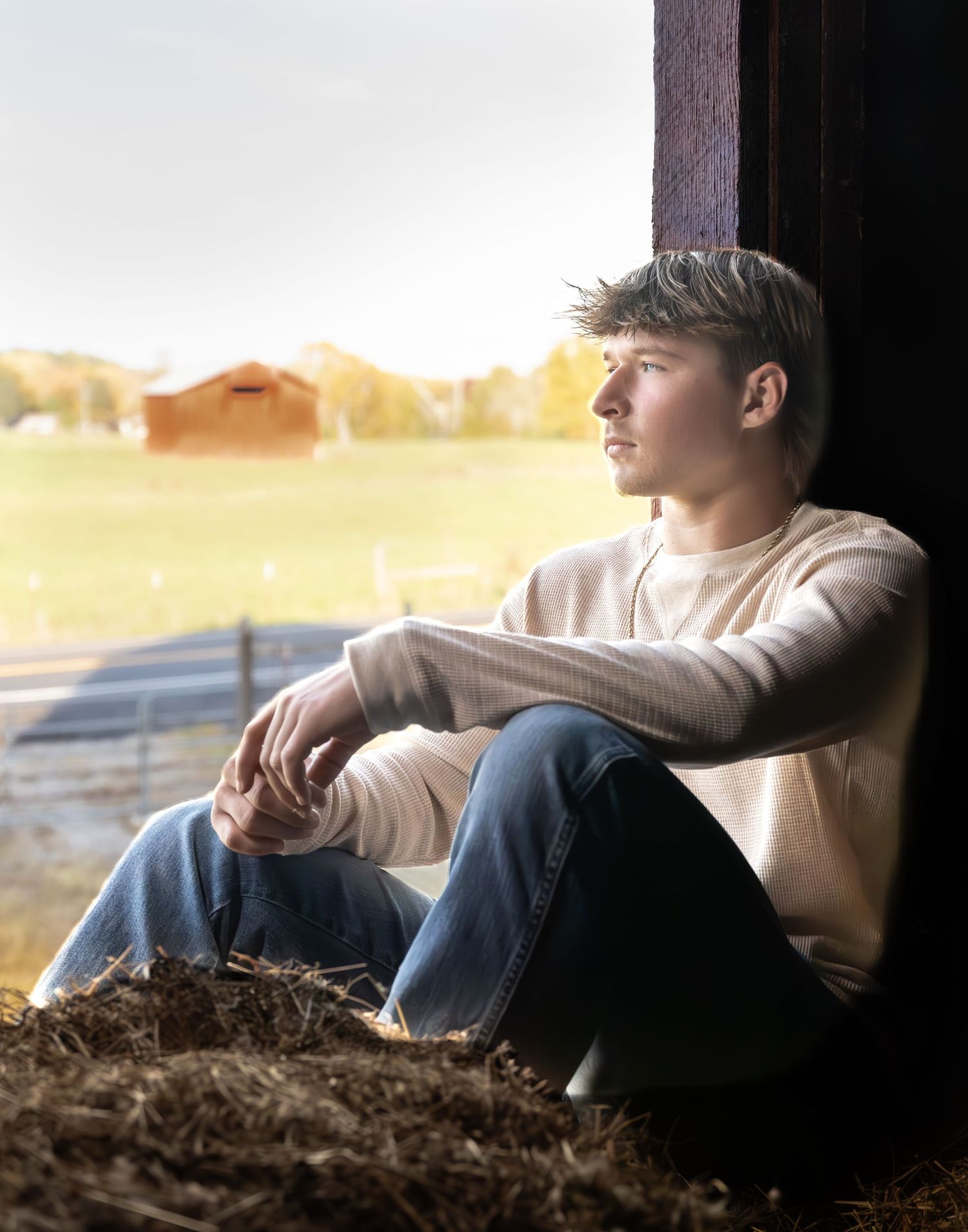 Photo taken in Tennessee of a young man sitting in a barn loft window with a barn in the distance. He looks out throughfully at the fields.