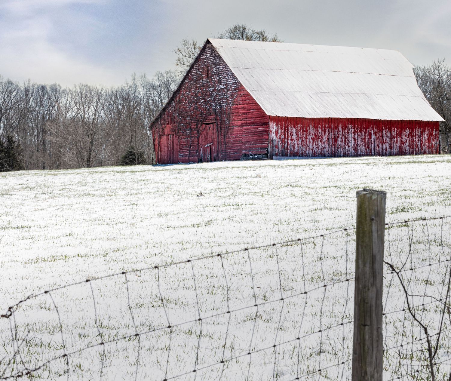 Photography of a Red barn in snow with ivy on the front. It sits back on a rise with a rustic fence in the forground.