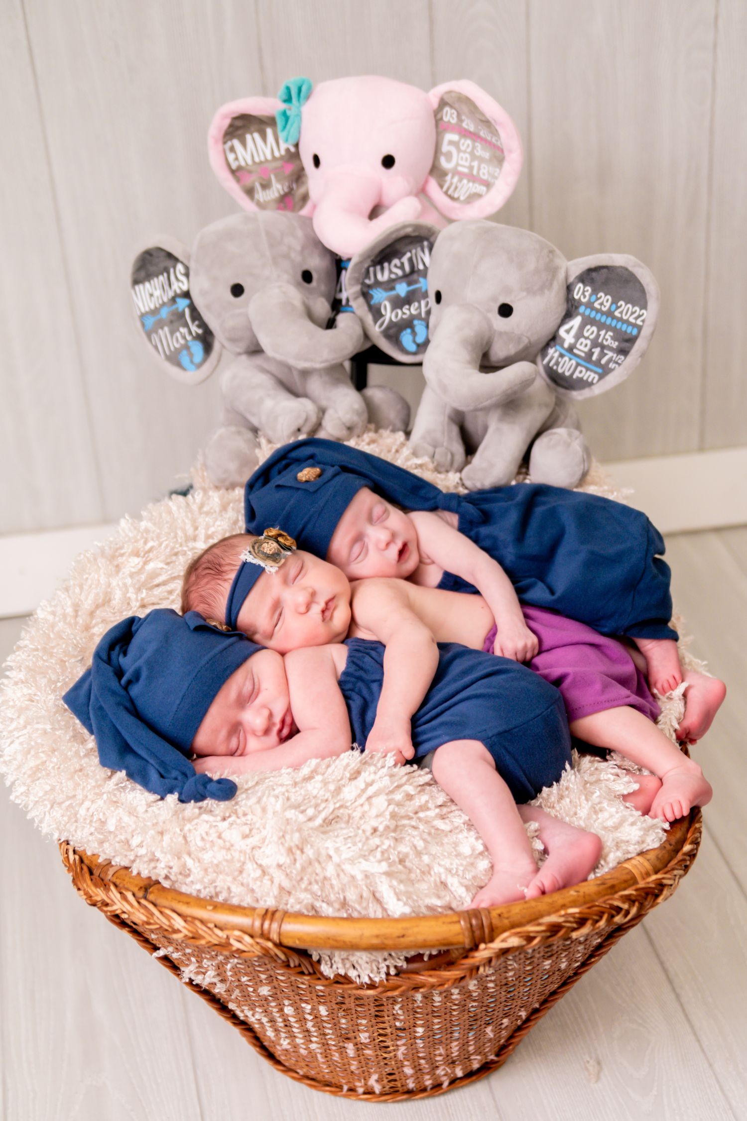 Three plush elephant toys sit above a wicker basket filled with soft pink bedding and blue swaddled sleeping babies.