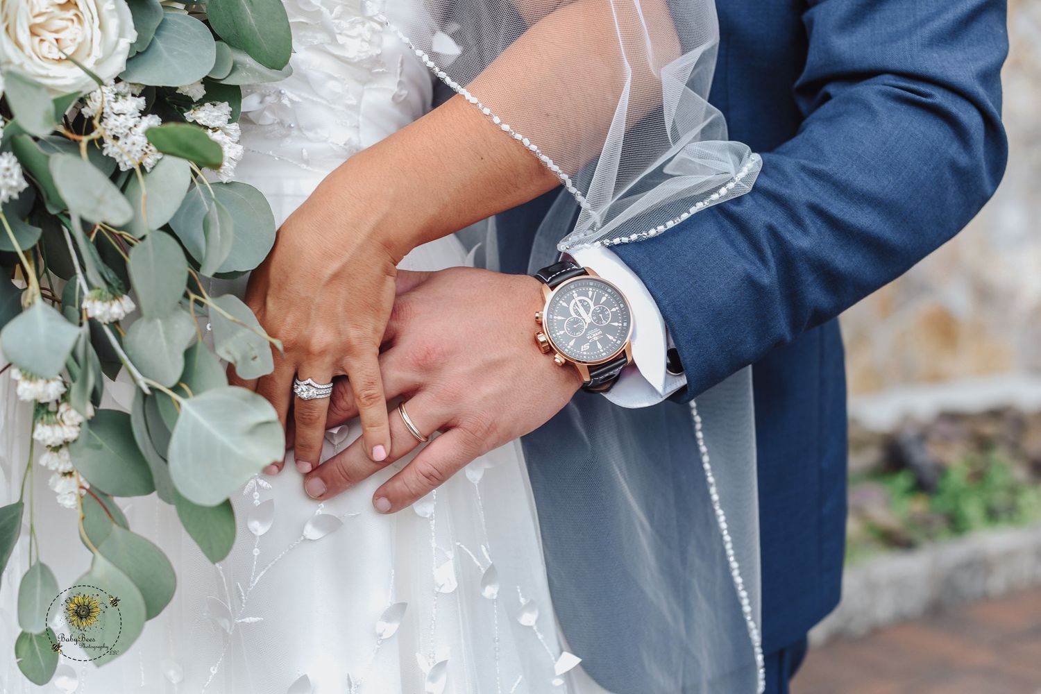 Close-up details of wedding attire and floral bouquet arrangements.
