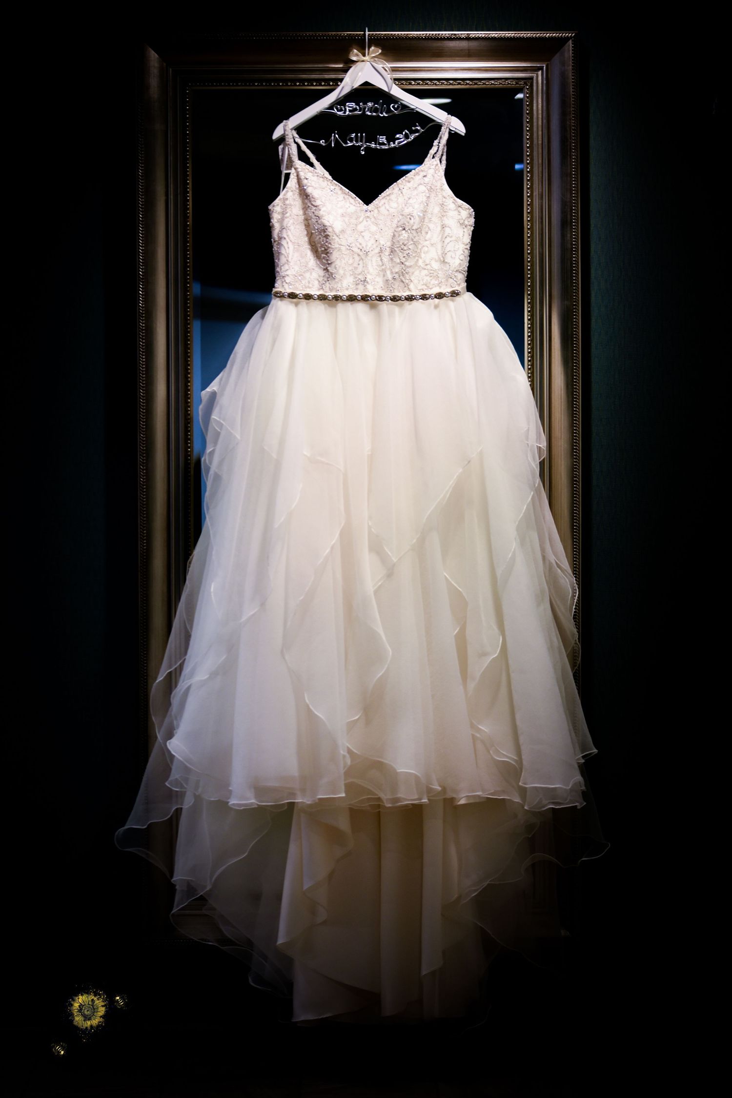 White tulle wedding gown with beaded bodice hanging dramatically in dark doorframe.
