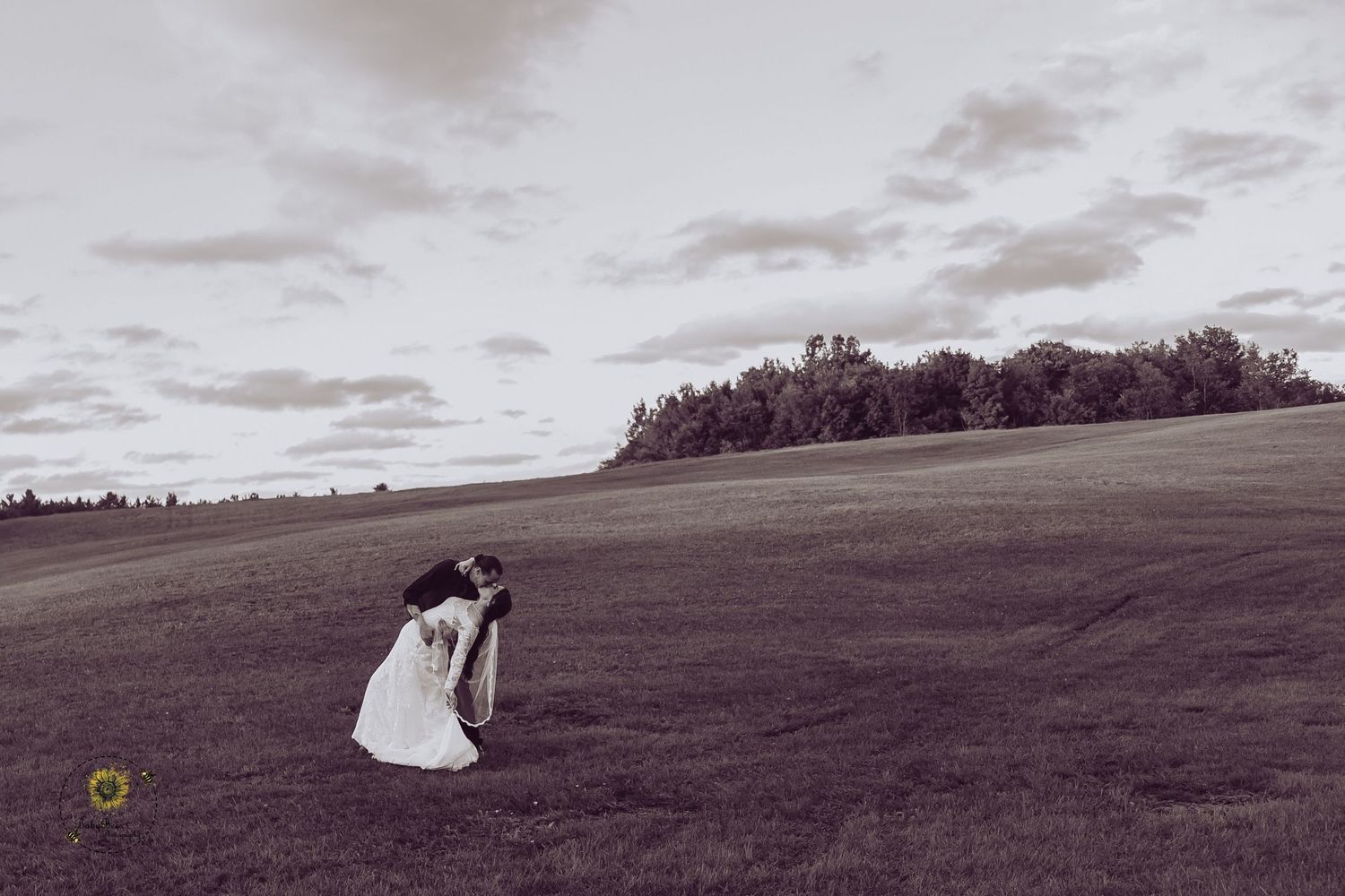 Artistic black and white wedding photo in a sweeping landscape with dramatic clouds.