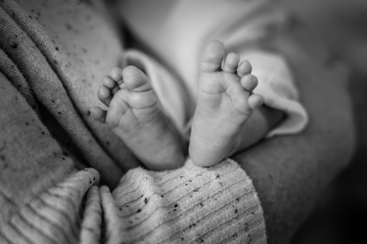 A series of black and white close-up photographs showing tiny newborn baby feet and toes against a soft textured background.