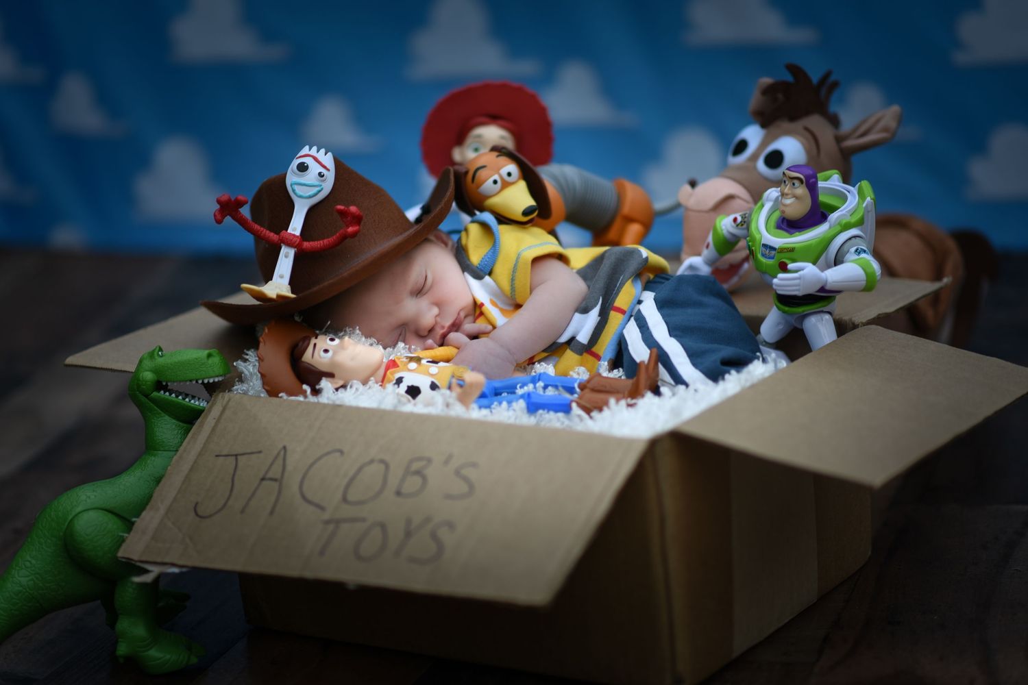 Toy Story characters including Woody, Buzz Lightyear, and other toys appear in a series of connected images.