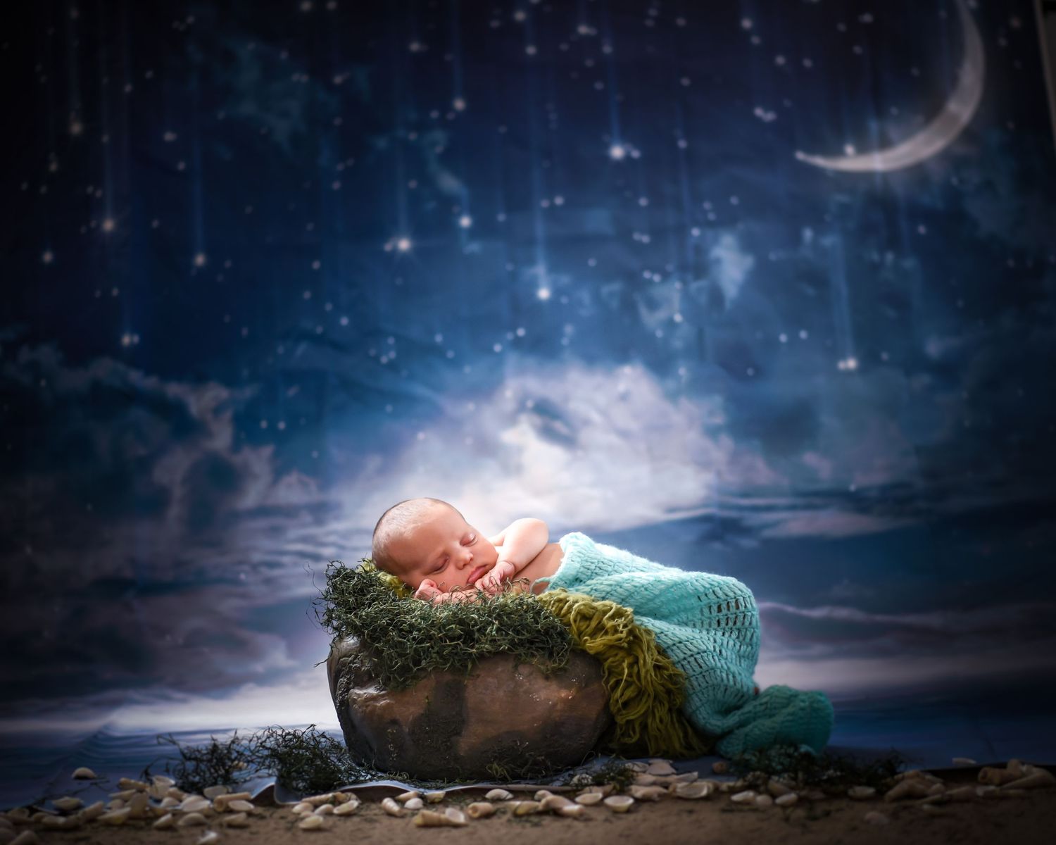 Dreamy newborn photo with crescent moon and starry night sky background in magical forest setting.