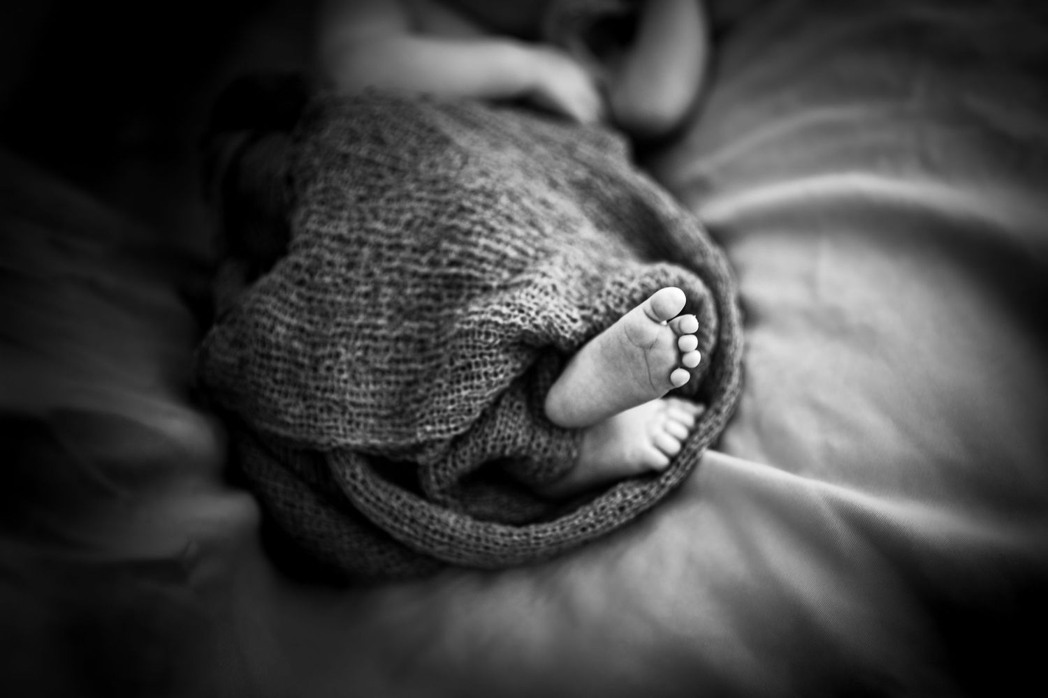 A close-up black and white photo series showing a baby's tiny feet wrapped in soft knitted socks.