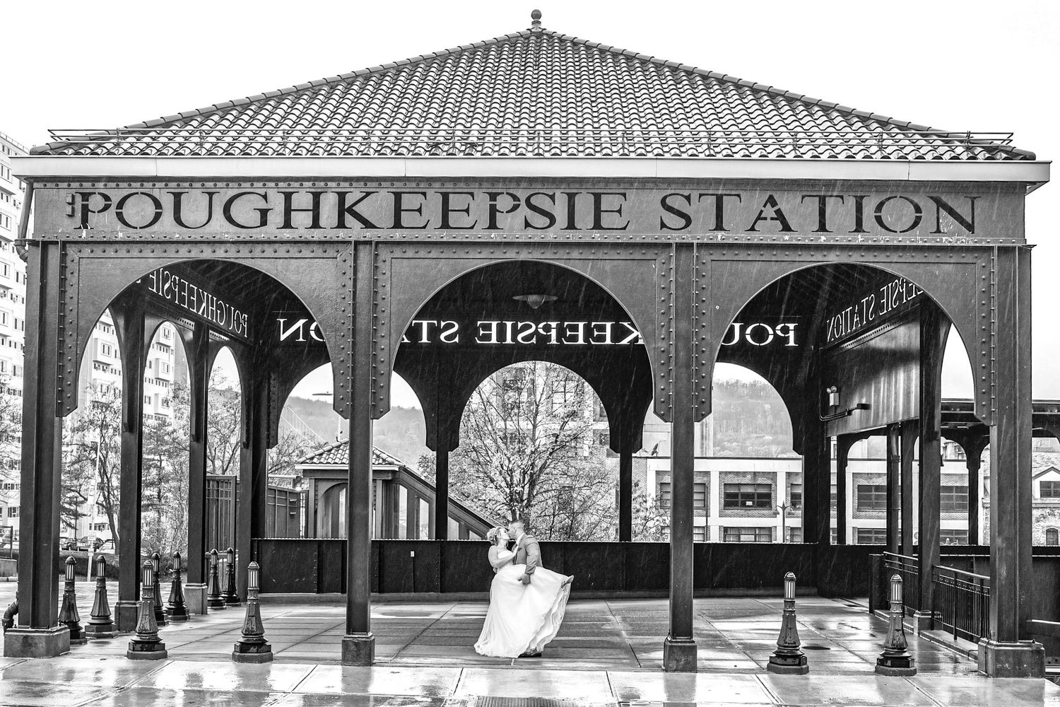 Historic Poughkeepsie train station exterior with classic architectural details.