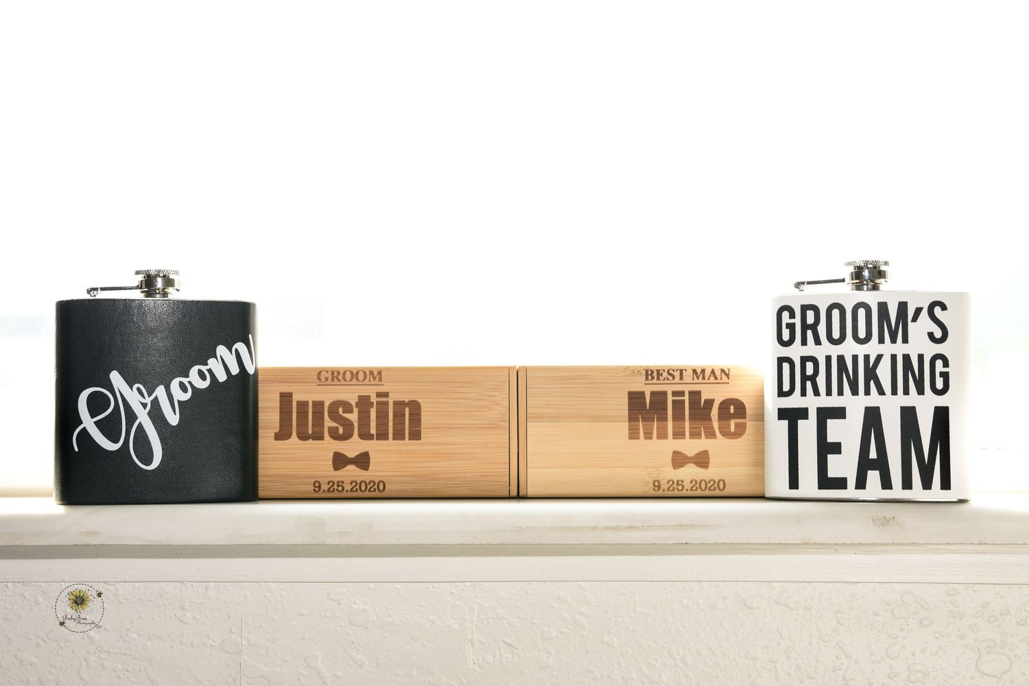 Wooden drink coasters with groomsmen names engraved in rustic style.