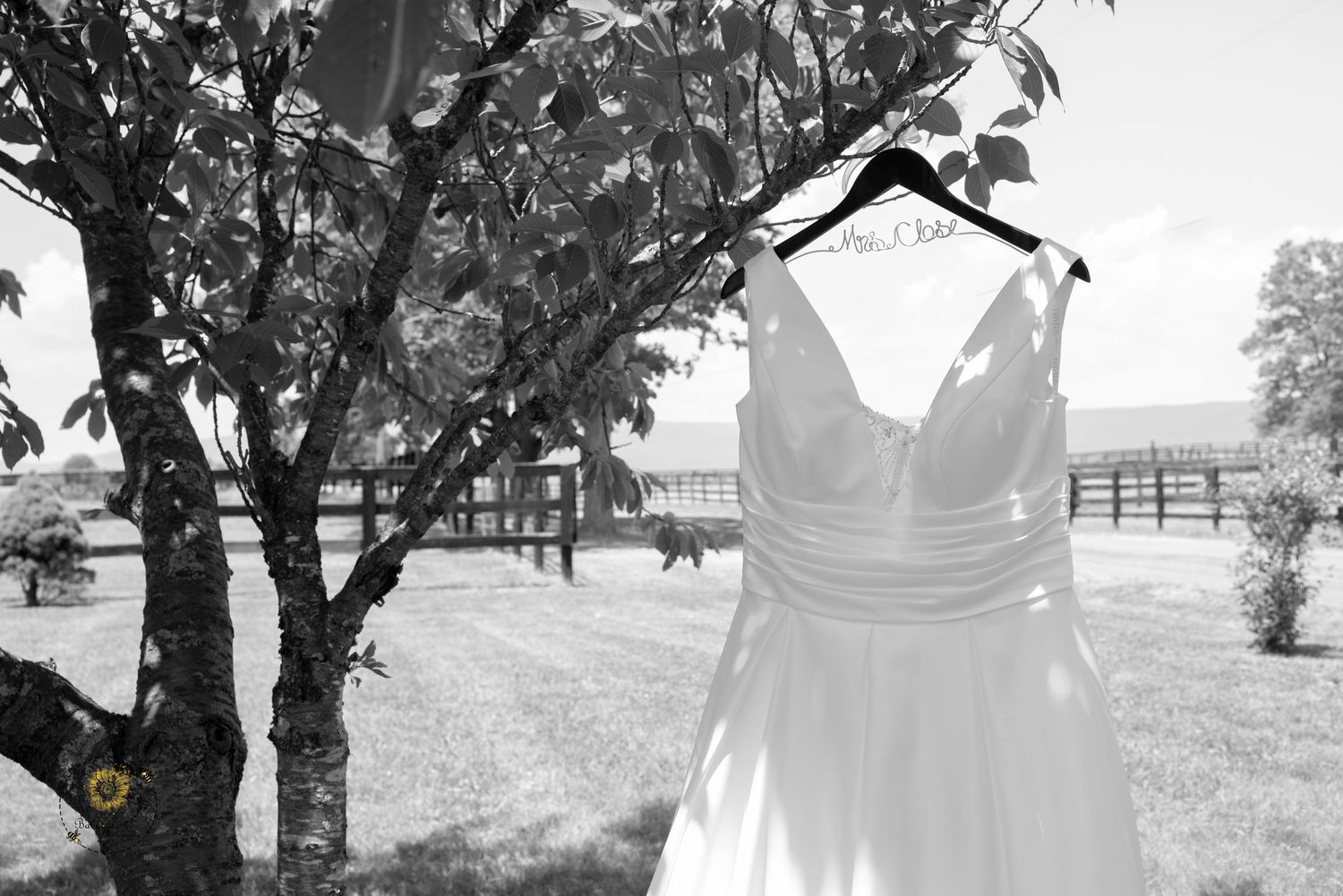 Black and white wedding photography in a scenic countryside setting.
