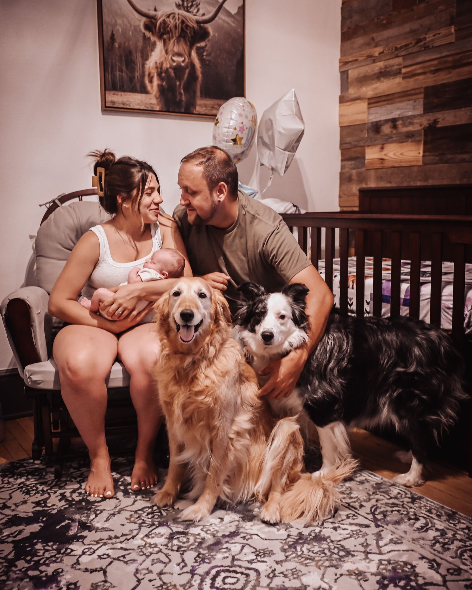 A photo series showing a couple with their dogs sitting on a patterned rug in a rustic room.