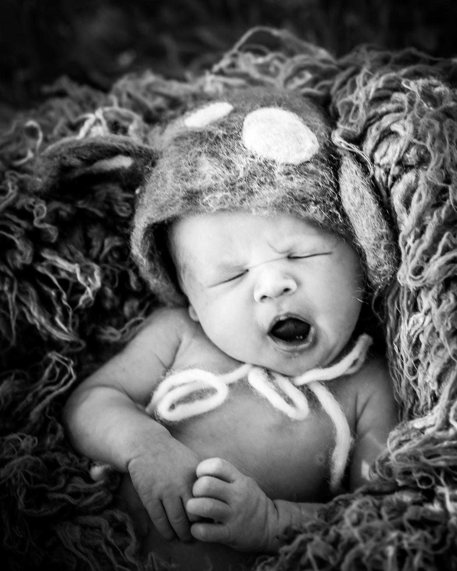 A series of black and white images showing a sleeping baby swaddled in lace and textured fabric.