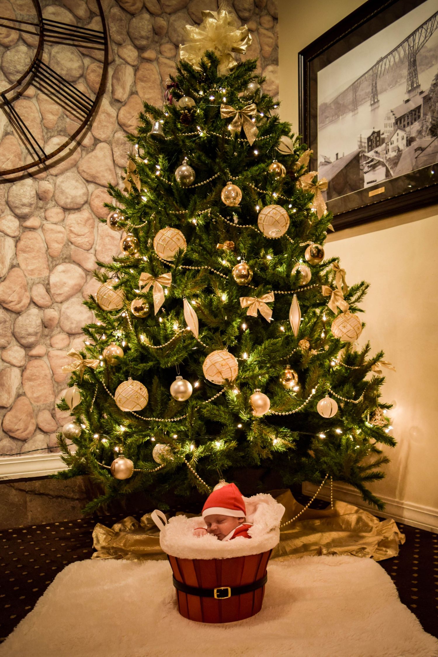 A Christmas tree with white ornaments and lights stands next to a stone wall in a series of progressive decoration stages.