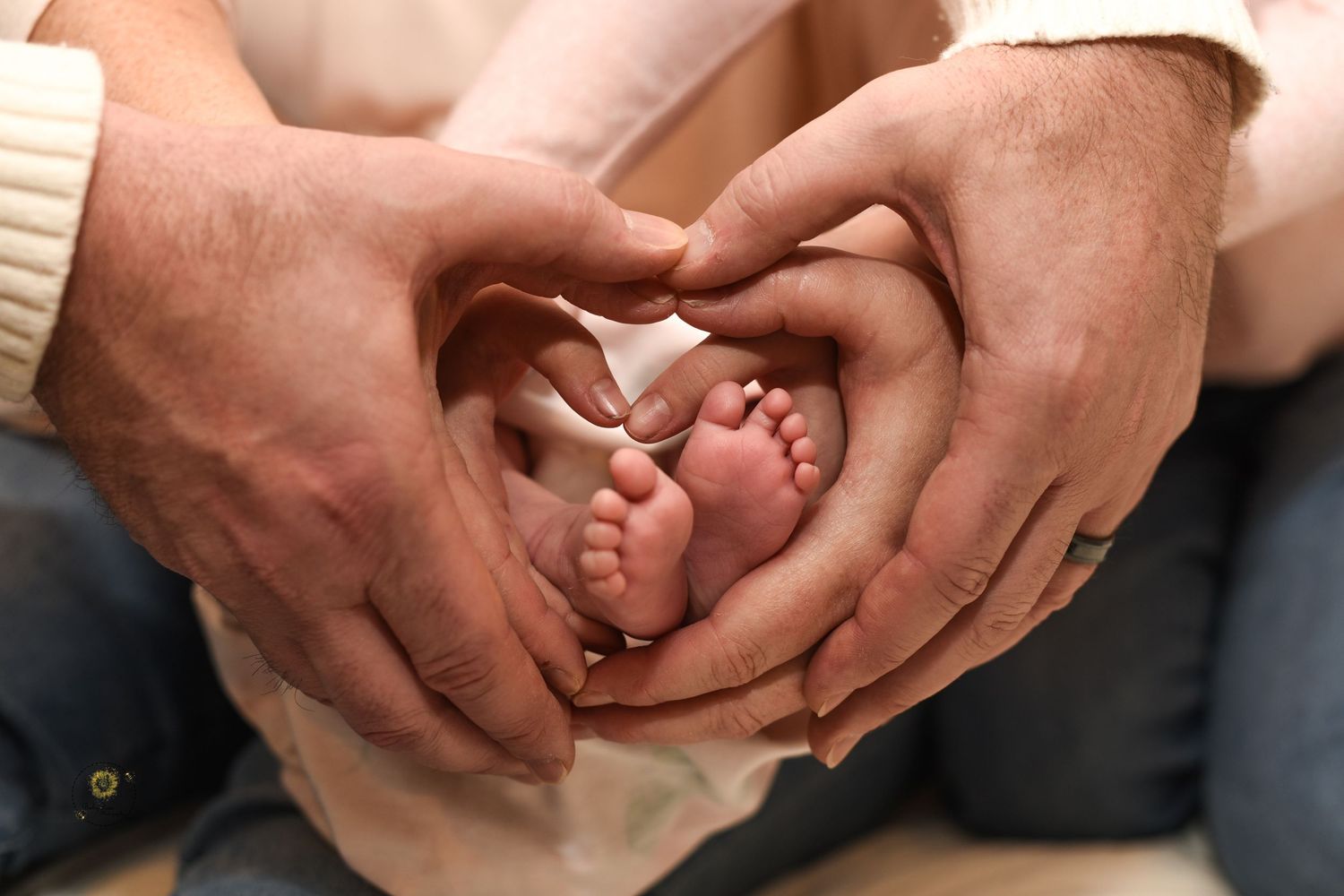 Adult hands form a heart shape around tiny newborn baby feet in an intimate family portrait.