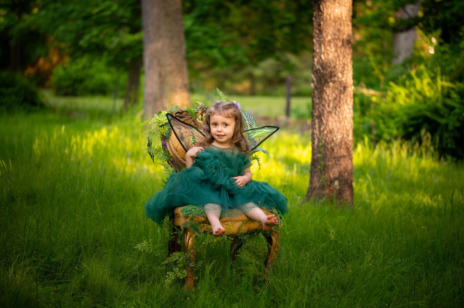 A person sits on a rustic wooden swing hanging from a large tree in a lush green summer meadow.