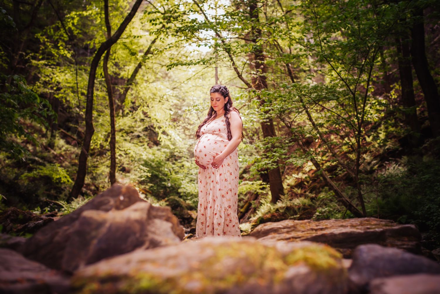 A floral dress stands out against a lush forest backdrop with sunlight filtering through the trees.