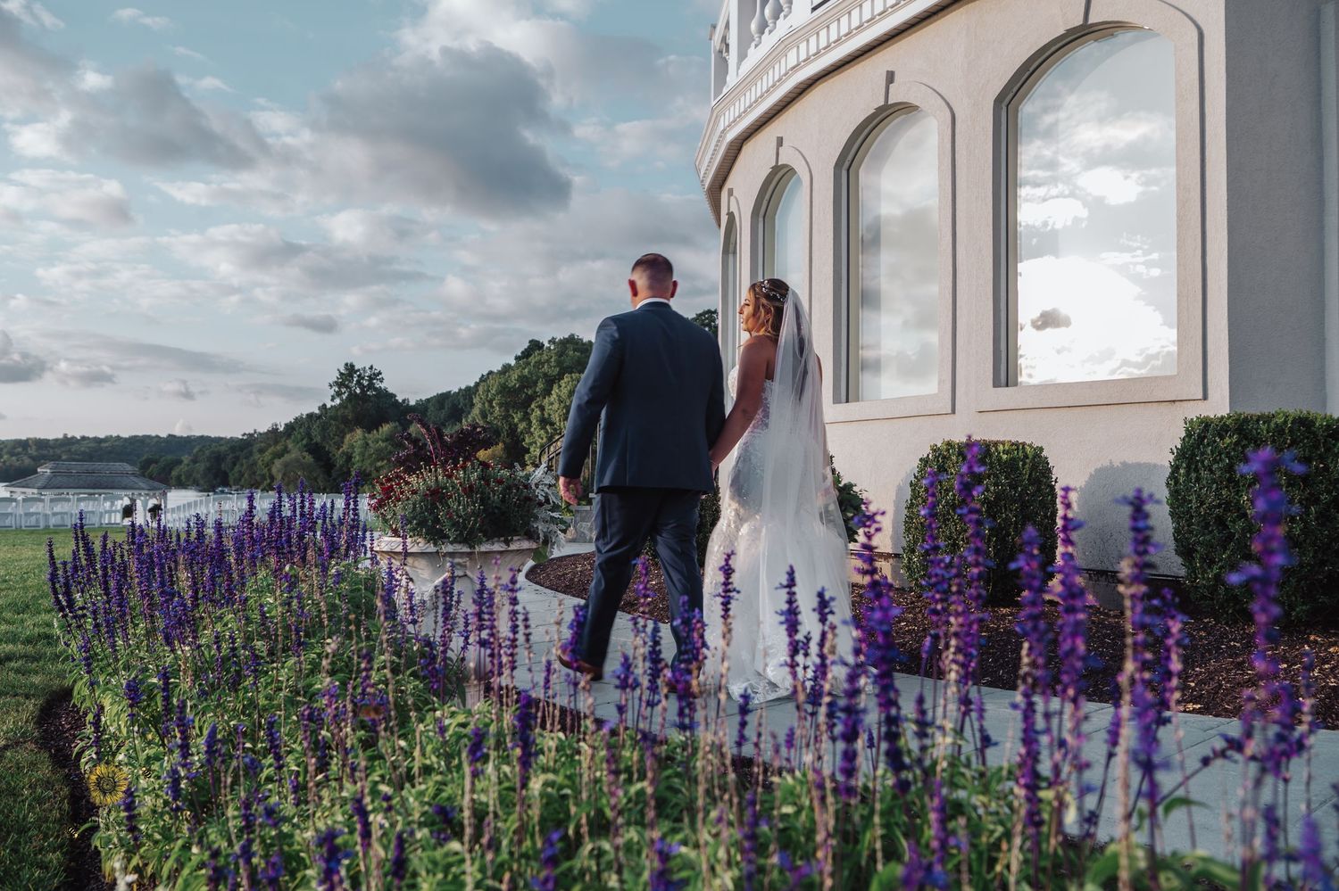 Couple walks through garden with blooming purple delphiniums against white architecture.