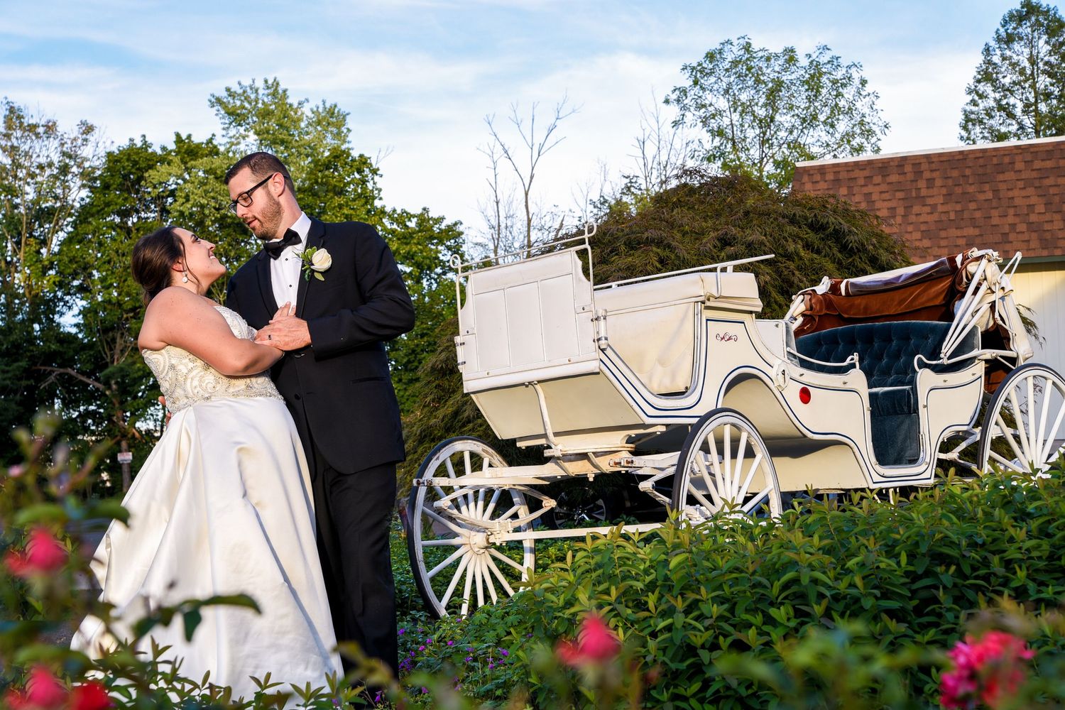 White horse-drawn carriage parked on grass near trees for wedding transportation.