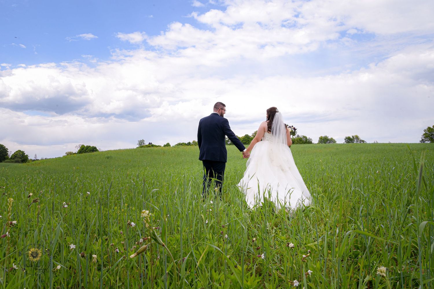 Newlyweds walking hand in hand through a green meadow under blue skies.
