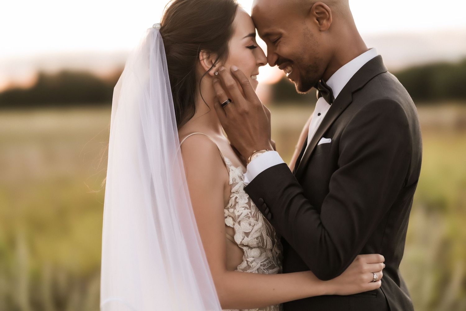 A tender moment between newlyweds in a sunlit outdoor field, the bride in white lace and flowing veil.
