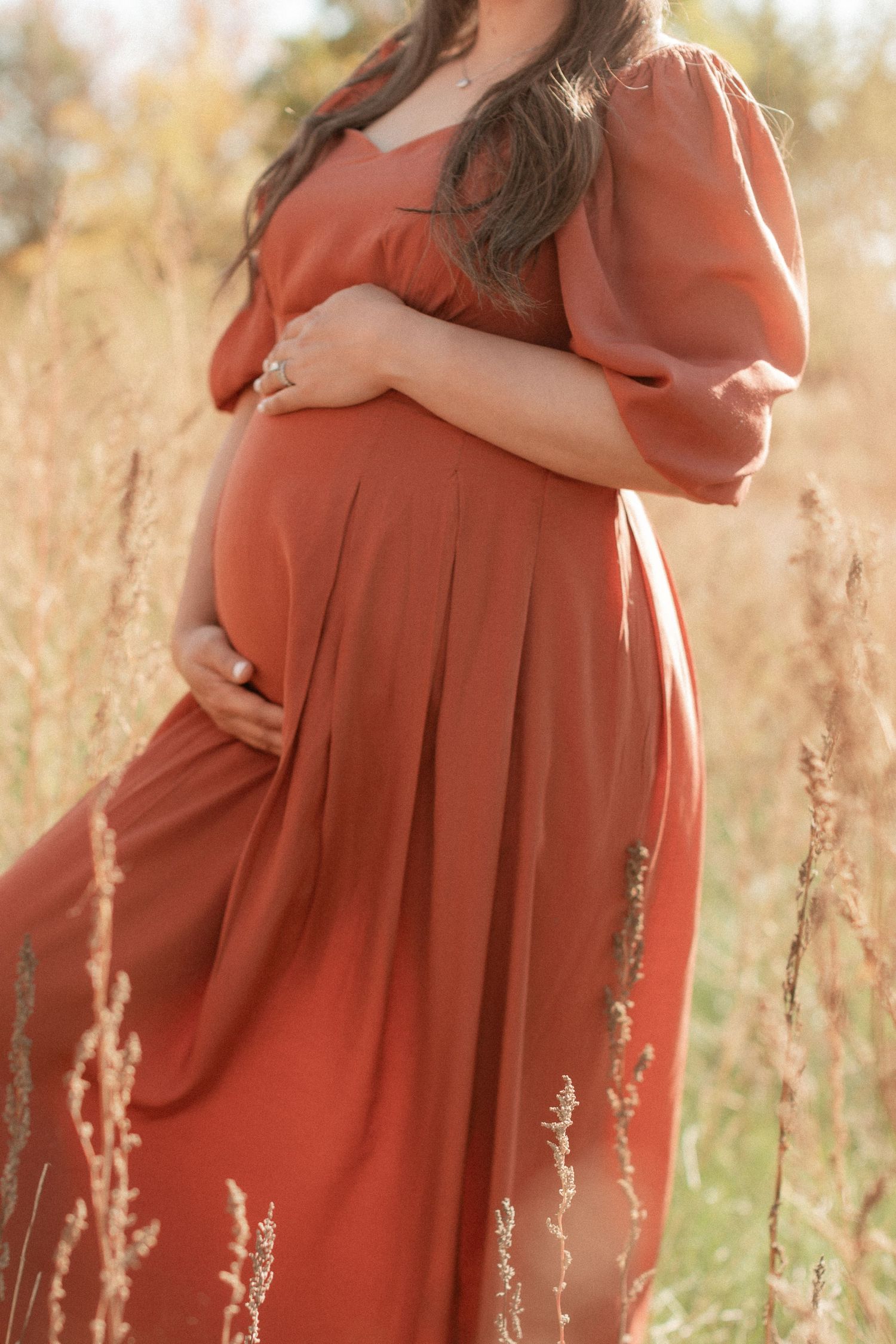 Maternity photo focusing on flowing rust dress against dried grass backdrop.