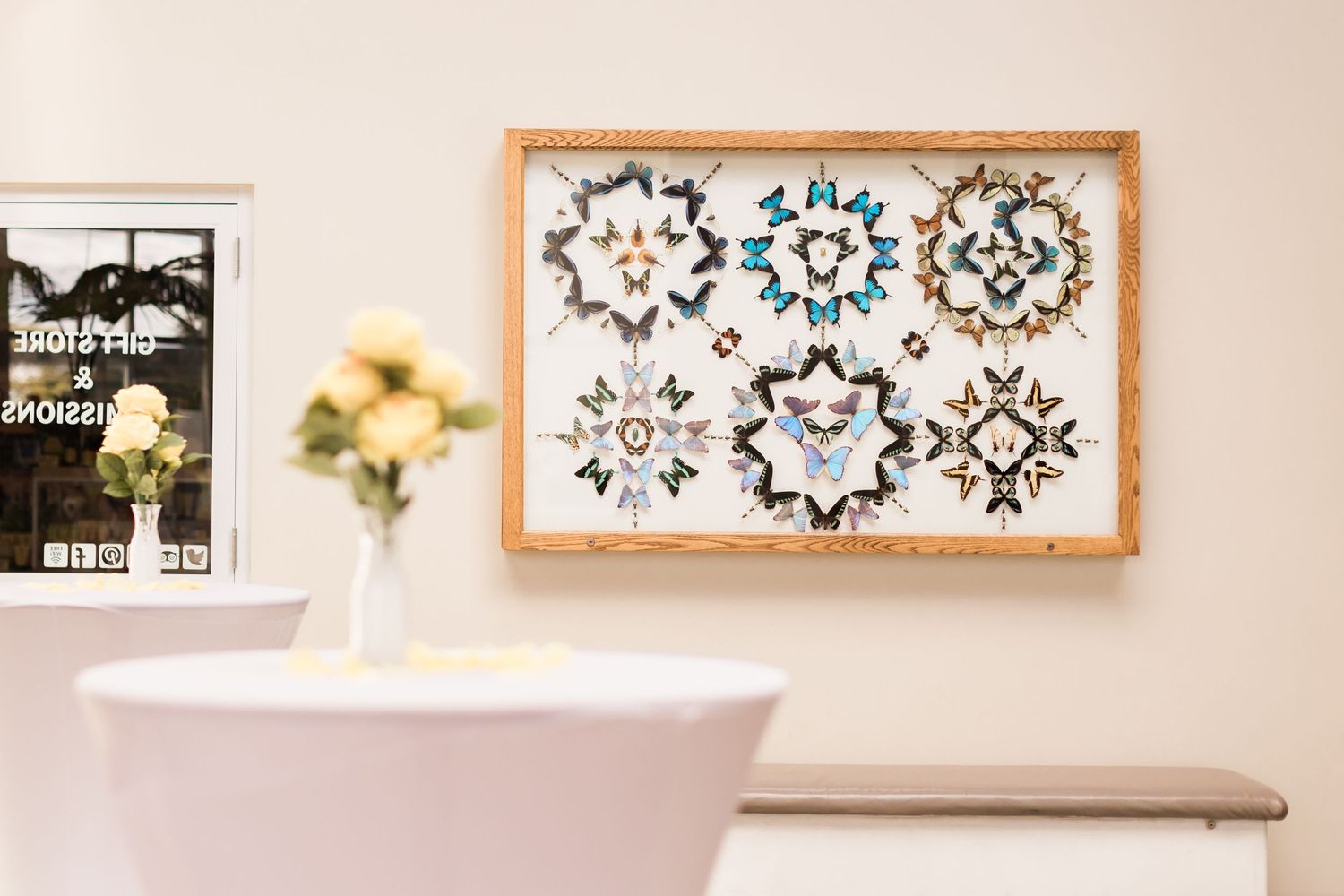 Decorative framed artwork displaying geometric snowflake patterns in blue and black.