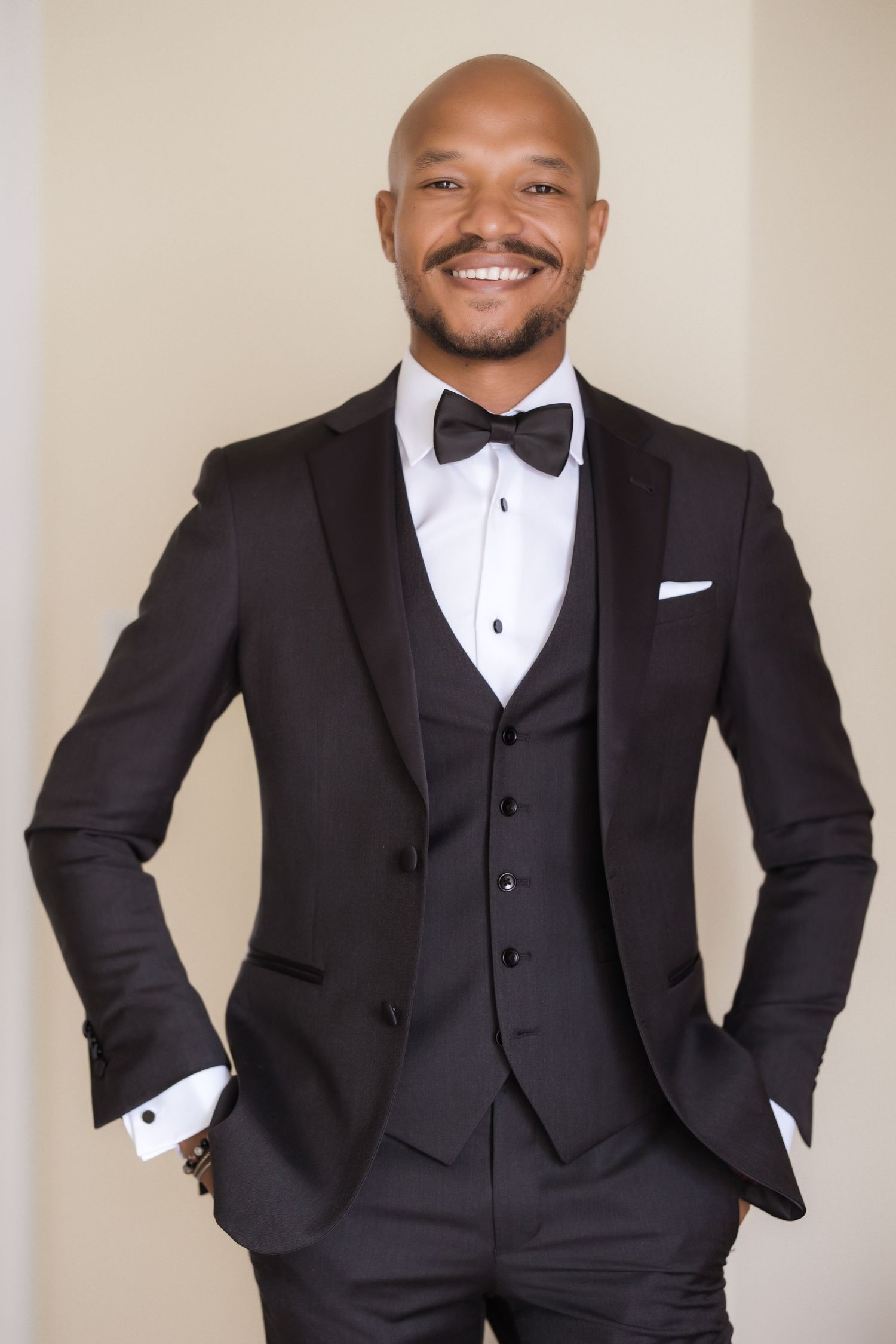 Groom in classic black tuxedo with bow tie poses with hands in pockets against neutral backdrop.