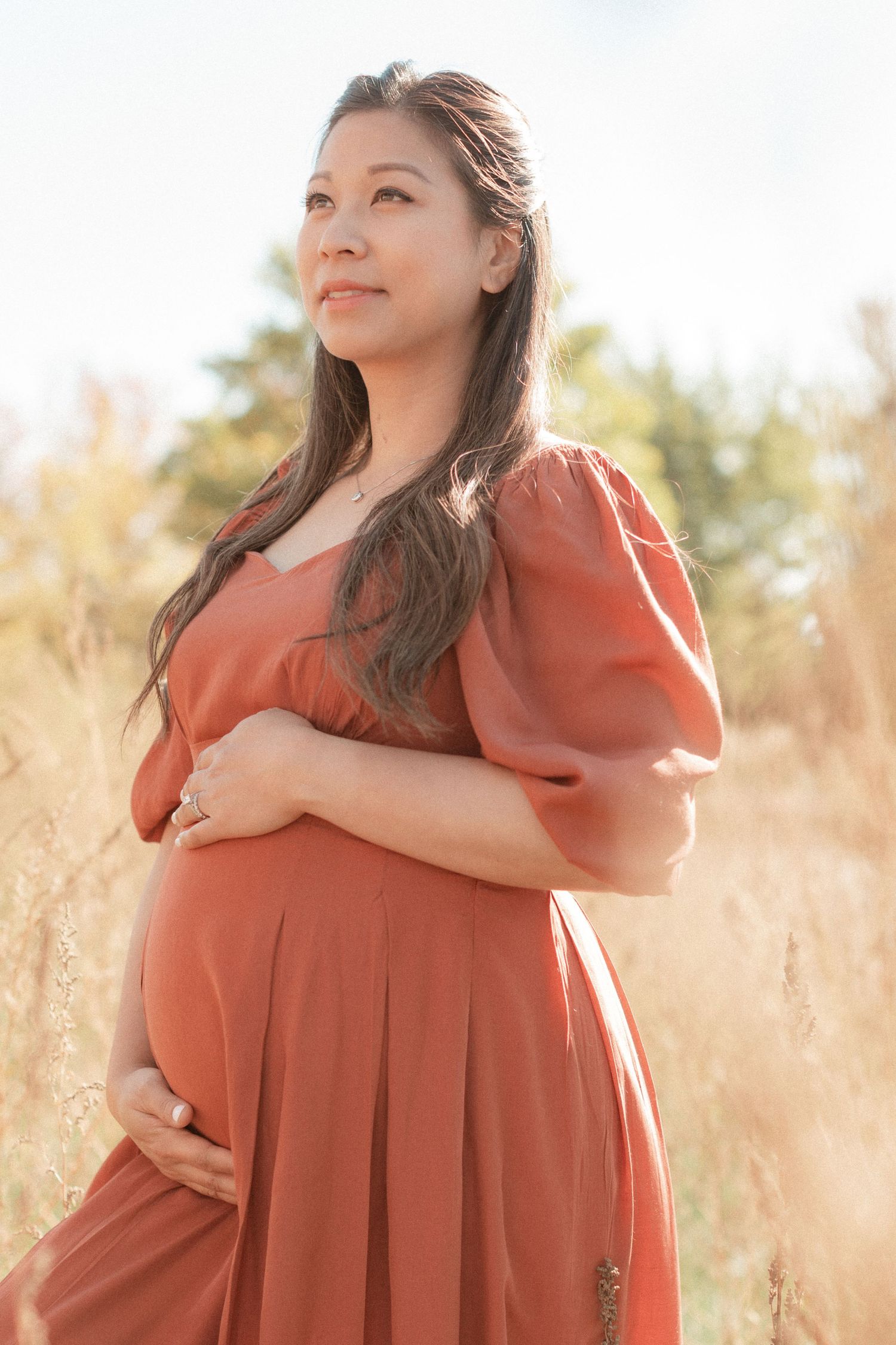Maternity portrait of woman in rust-colored dress gazing up in sunlit field.