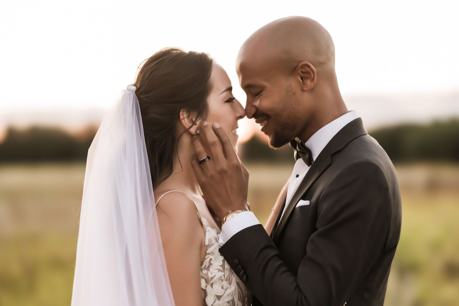 Newlyweds share a tender moment as they embrace in an outdoor sunset setting.