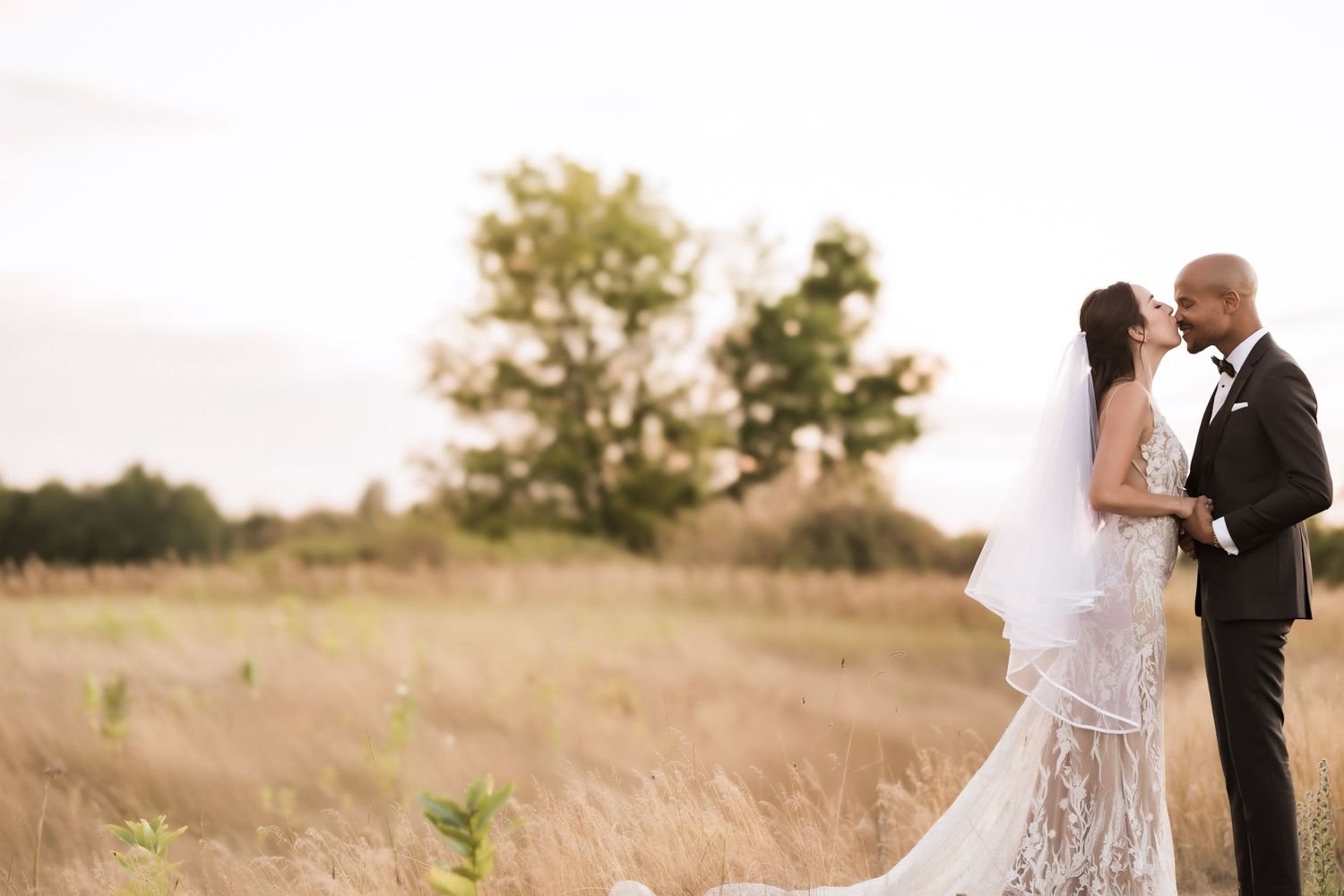 Dreamy wedding photograph of couple in love standing among tall grass during golden hour.