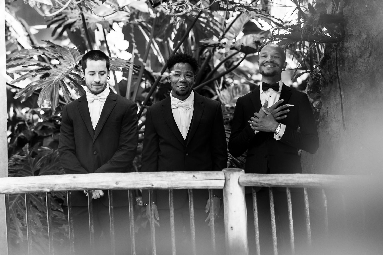 Wedding party members in formal attire standing on a balcony surrounded by tropical foliage.