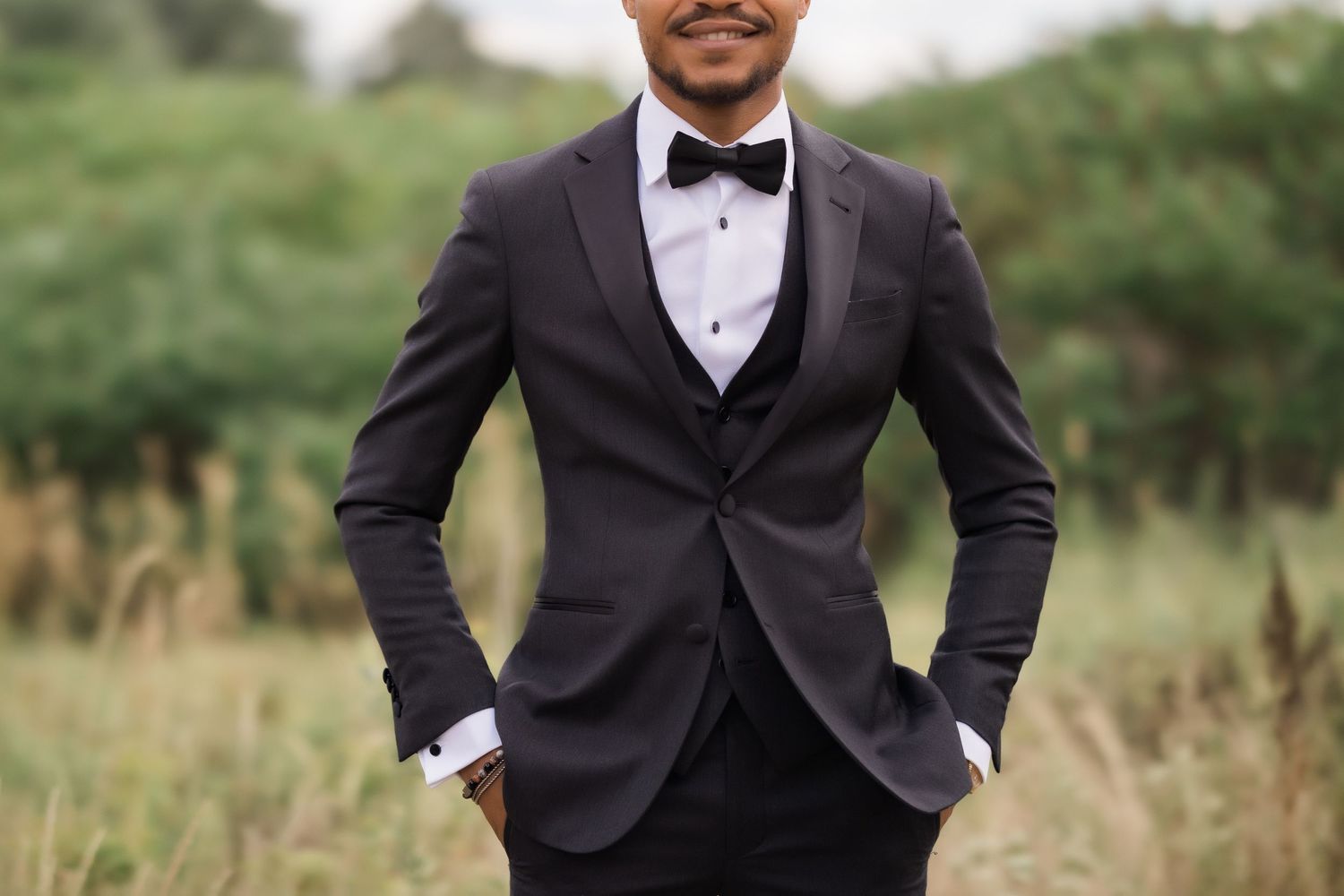 Close-up torso shot of groom in fitted black tuxedo with bow tie against natural backdrop.