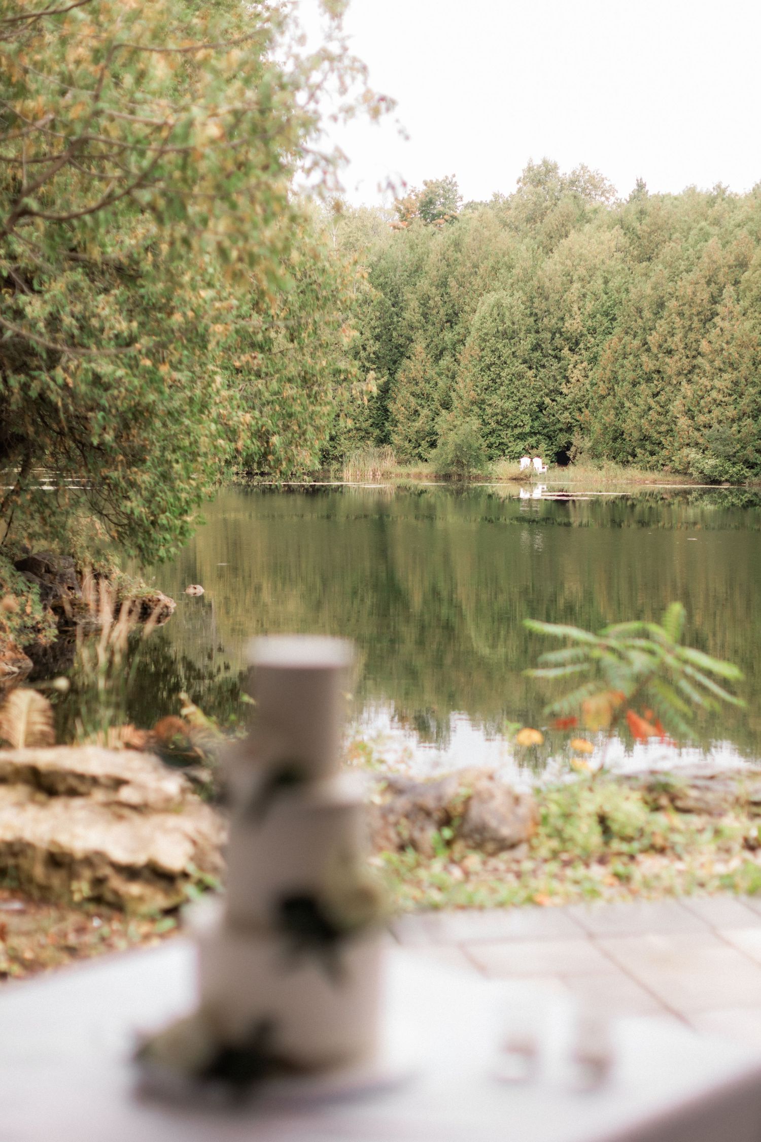 Peaceful lakeside setting with wedding cake in foreground and evergreen trees reflecting on water.