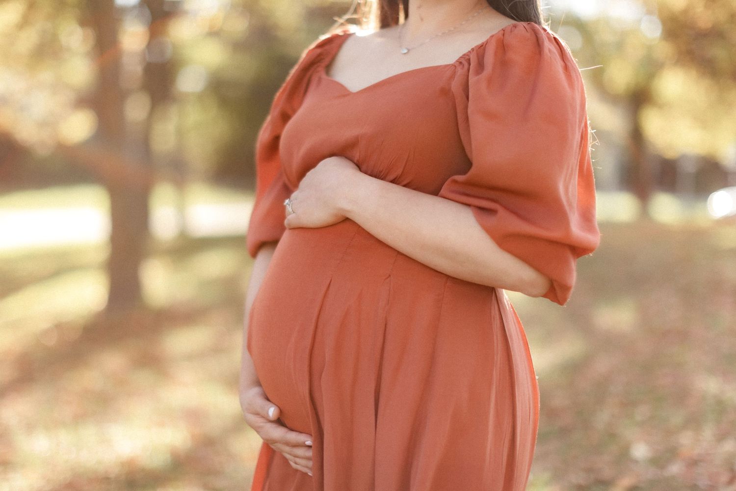 Close-up maternity photo showing pregnant belly in rust-colored dress with puff sleeves.