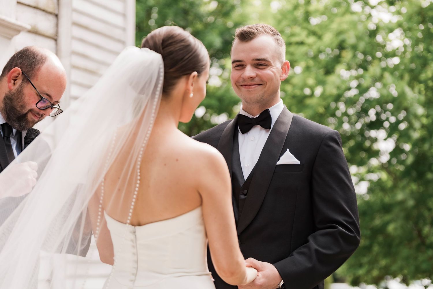 A series of elegant outdoor wedding photos showing moments of celebration and romance at a garden venue.