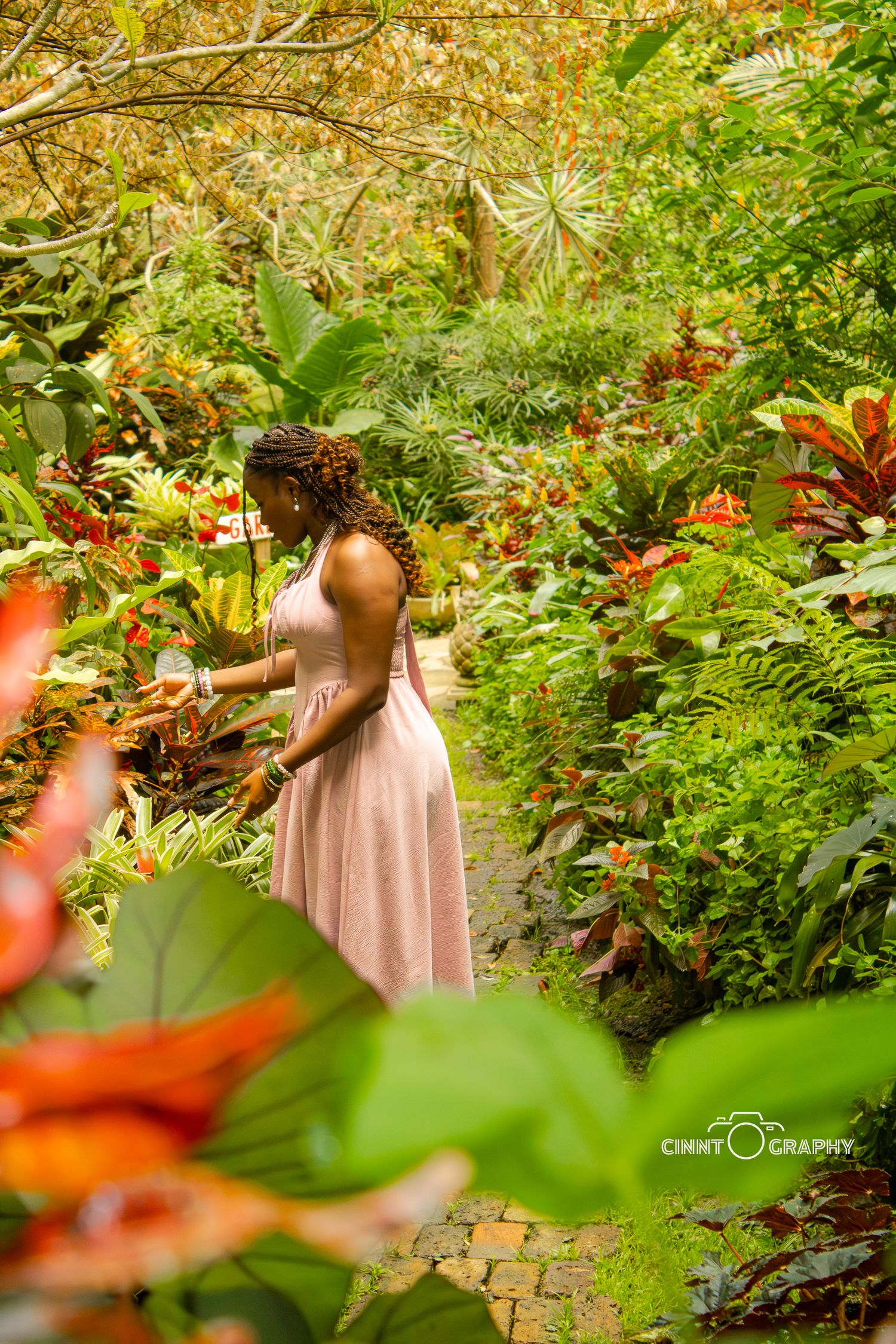 A figure in a flowing blush pink dress stands among lush tropical foliage and garden pathways.