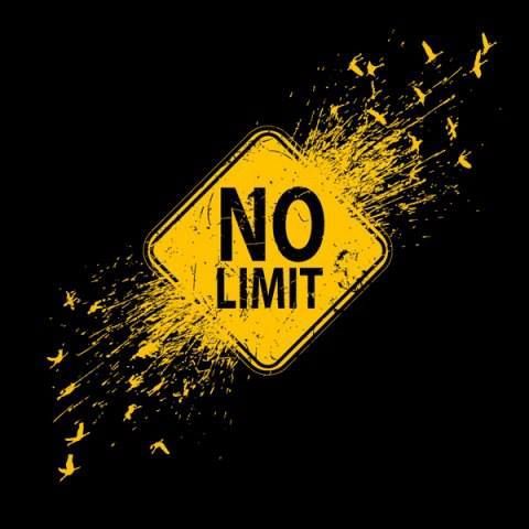 Yellow 'NO LIMIT' road sign sprayed with paint splatter and flying birds silhouettes against black background.