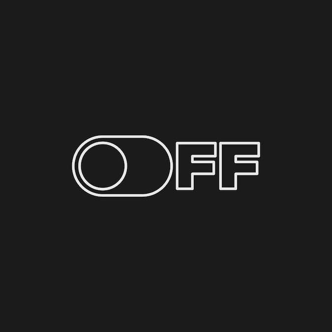 Black word OFF text logo on dark background for fashion branding and minimalist design.