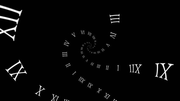 A series of clock faces with Roman numerals showing different times against a black background.