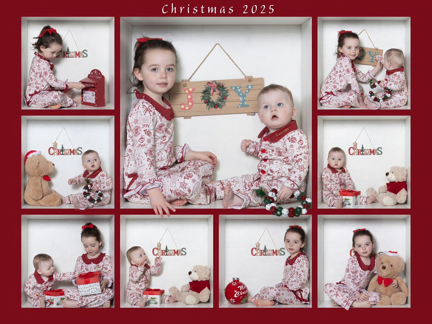 A festive holiday photo collage with red and white theme showing Christmas decorations, wreaths, and candid moments.