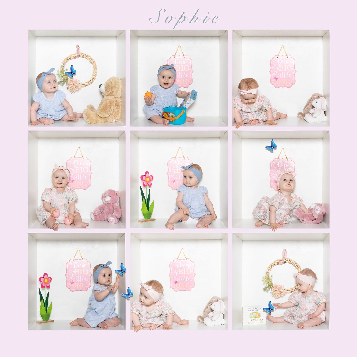 Collage of baby milestone photos arranged in a grid layout with pink and white borders showing growth and development.