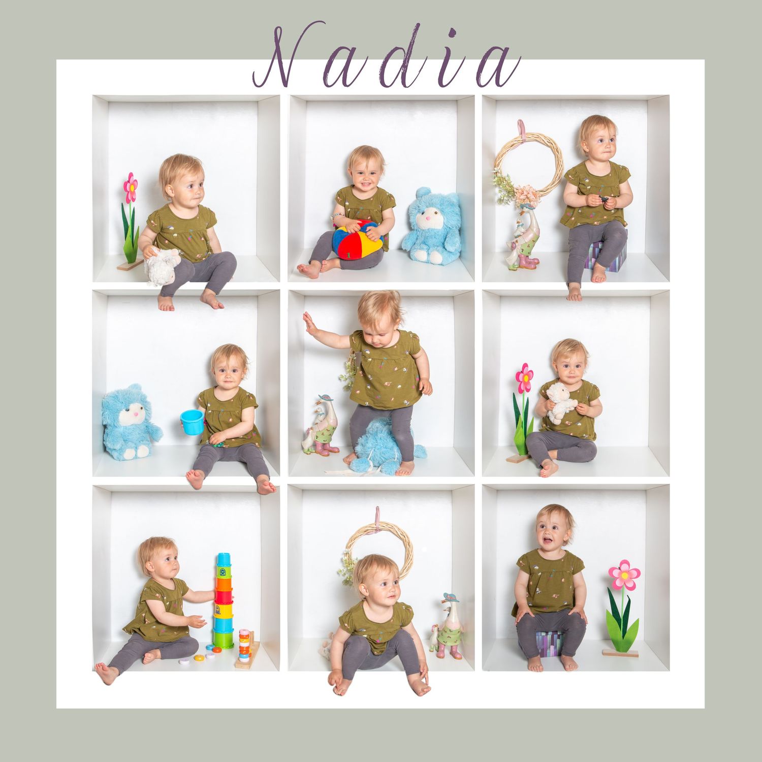 Collection of photo studio portraits showing playful moments with toys and colorful props against neutral backgrounds.