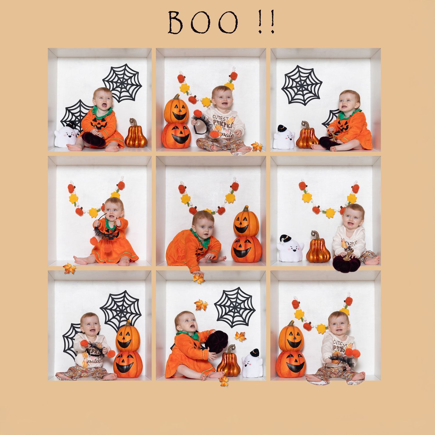 A Halloween-themed photo collage showing a baby in orange clothing playing with pumpkins and spooky decorations.