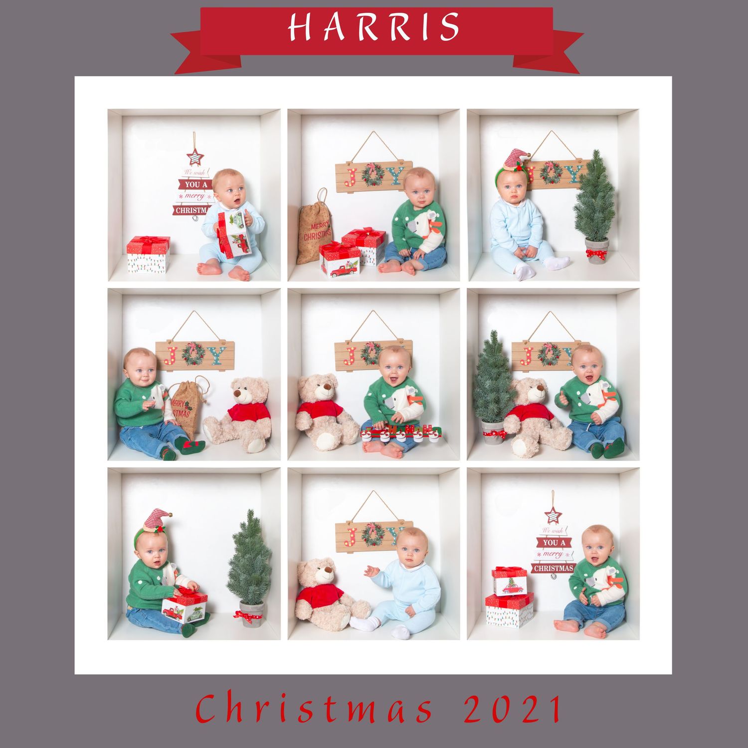 Christmas themed photo collage displayed in a white frame with red text and multiple festive holiday images.