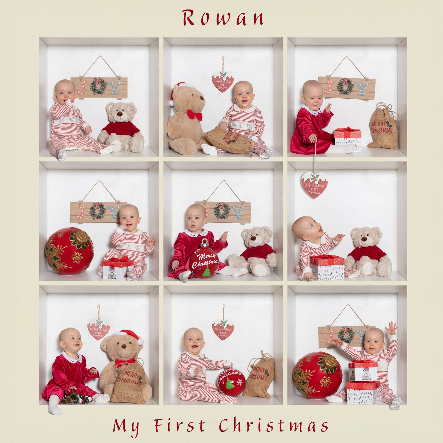 Baby's first Christmas photo collage with red and white decorations in window frame style layout.