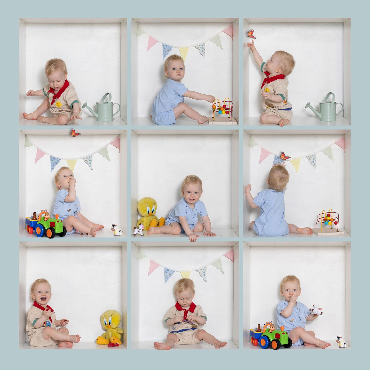 A collage of nine photos featuring an adorable baby in various poses with colorful toys, bunting, and a yellow Tweety Bird plush.