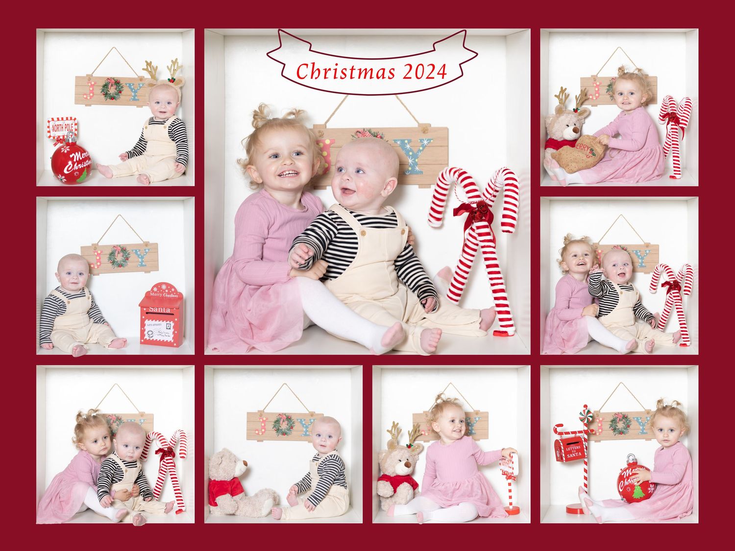 A festive Christmas photo collage in red and white featuring children in pink dresses and striped outfits with holiday decorations.